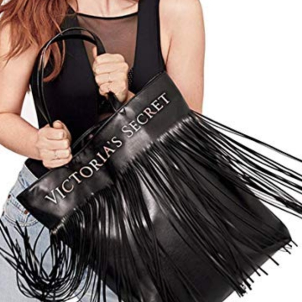 Victoria's Secret Black Pleather Fringe Tote Bag
